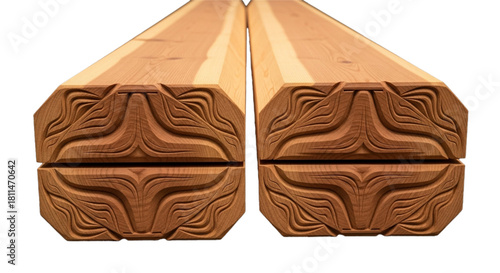 Two carved wooden beams featuring organic relief patterns. on a black background