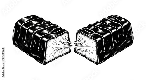 Chocolate bar pulled apart revealing sticky filling. cutout on transparent background.