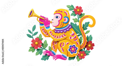 Chinese  Colorful paper monkey playing trumpet with flowers. cutout on transparent background.