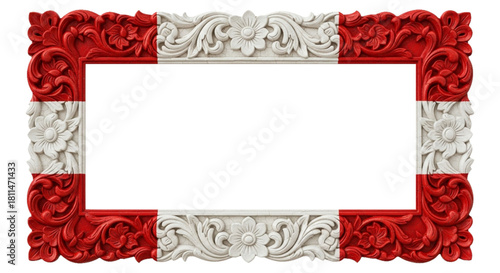 Antique red and white floral carved frame border. cutout on transparent background