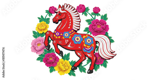 Chinese Red stylized paper-cut horse framed by peonies. cutout on transparent background