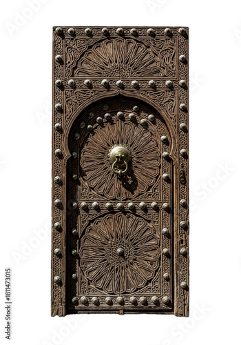 Moroccan carved wooden door panel with brass lion knocker. cutout on transparent background