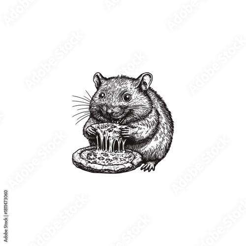 vintage hand-drawn vector illustration of a small, plump mouse holding and nibbling on a slice of pizza.