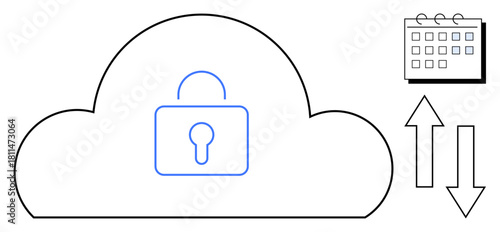 Locked cloud symbol with up-down arrows and a calendar, representing secure data sharing, cloud storage, encryption, access control, privacy protection. Ideal for backups, computing, technology