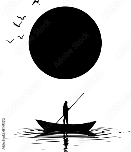 Silhouette Boatman Under a Dark Sun

Minimalist Rowing Scene with Reflection

Lone Boatman on Water – Black and White Art