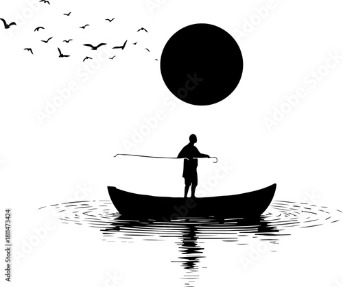 Silhouette Boatman Under a Dark Sun

Minimalist Rowing Scene with Reflection

Lone Boatman on Water – Black and White Art