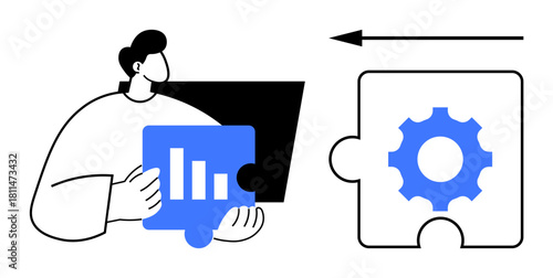 Data integration for business development. Data ed through analytics symbols and gear puzzle pieces. Data driving innovation and strategy in business and technology. Use in analytics, automation