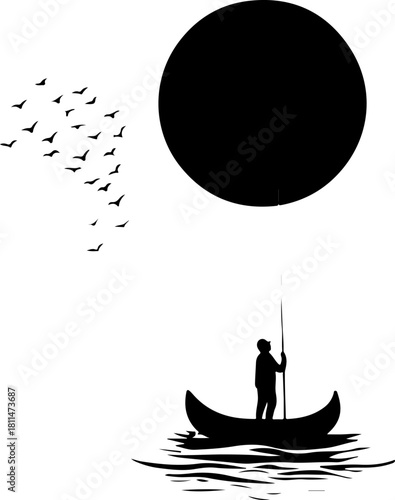 Silhouette Boatman Under a Dark Sun

Minimalist Rowing Scene with Reflection

Lone Boatman on Water – Black and White Art