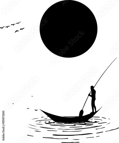 Silhouette Boatman Under a Dark Sun

Minimalist Rowing Scene with Reflection

Lone Boatman on Water – Black and White Art