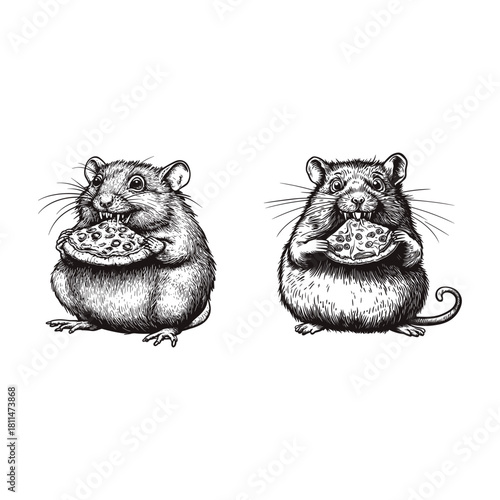 vintage hand-drawn vector illustration of a small, plump mouse holding and nibbling on a slice of pizza.