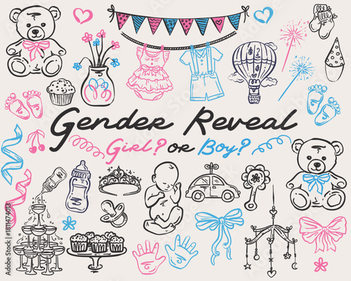 Gender Reveal Party Whimsical hand drawn vector illustration set