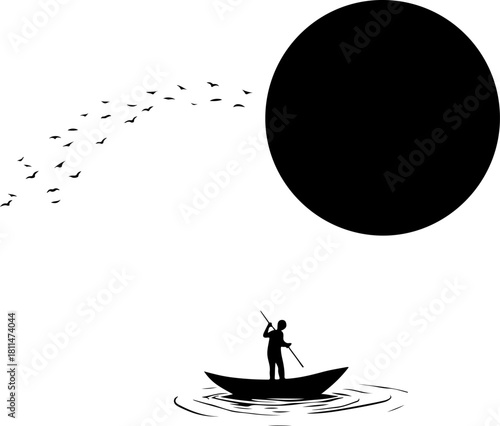Silhouette Boatman Under a Dark Sun

Minimalist Rowing Scene with Reflection

Lone Boatman on Water – Black and White Art