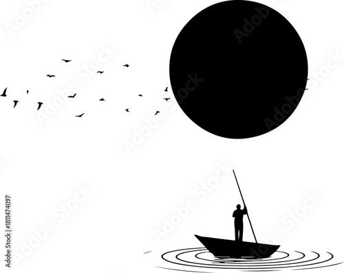 Silhouette Boatman Under a Dark Sun

Minimalist Rowing Scene with Reflection

Lone Boatman on Water – Black and White Art