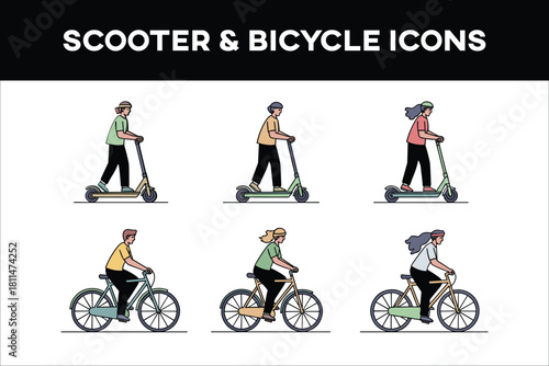 people riding scooter and bicycle icons set flat line style
