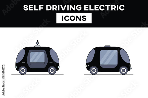 self driving electric car vehicle icons set flat line style