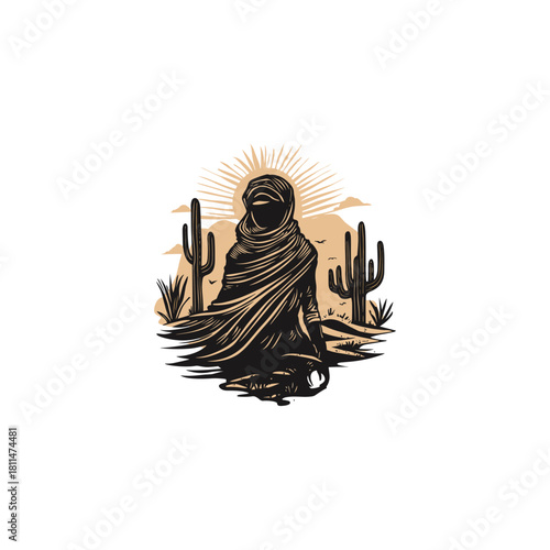 vintage-style illustration depicting a figure Bedouin, shrouded in cloth and standing in a desert landscape