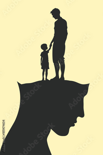 Surreal silhouette illustration showing an adult guiding a child standing on the top of a human head, symbolizing healing, inner child connection, emotional growth, and psychological support.
