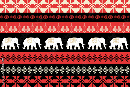 Seamless tribal-style pattern featuring ivory elephants with geometric blankets, arranged in rows with red and cream ethnic motifs on a black background.