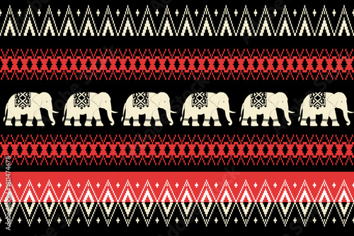 Seamless tribal-style pattern featuring ivory elephants with geometric blankets, arranged in rows with red and cream ethnic motifs on a black background.