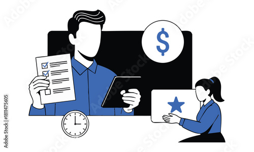 Business team reviewing checklist and financial growth strategy for increased profits and higher customer ratings with modern technology solutions