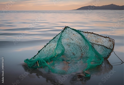 Abandoned green fishing net rests on the tranquil shoreline during a soft, quiet sunset. 