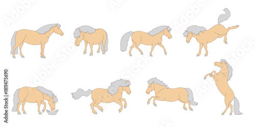 Set of cute ponyes in different poses and movements on white background
