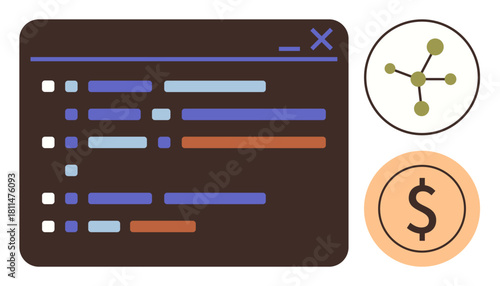 Programming interface with colored code lines, connected node network, and dollar circle. Ideal for technology, coding, data analysis, networking, software development, finance innovation simple