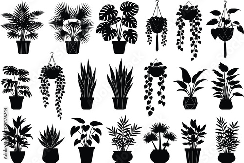 Black silhouette houseplants, potted indoor plants, botanical vector icons, hanging vines, tropical leaves, decorative foliage, minimalist plant decor, isolated clipart set