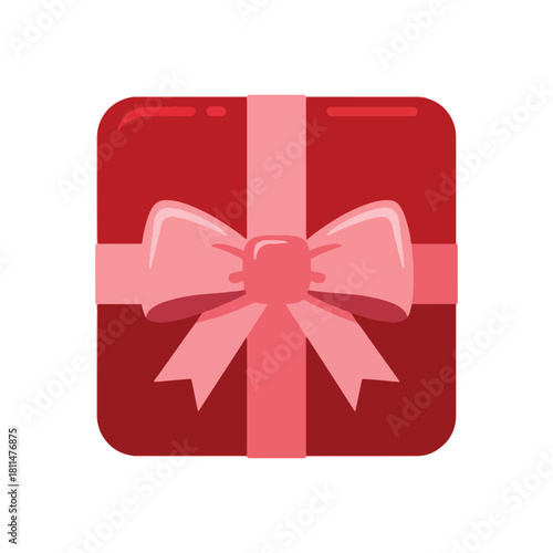 Modern Flat Design Red Gift Box Icon with Pink Ribbon Isolated on White