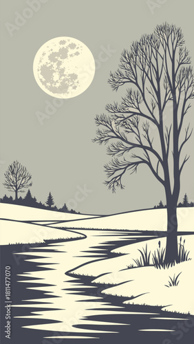 winter landscape with moon and tree