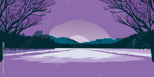 Majestic sunset light glows over the mountain landscape and forest, creating a calm reflection on the river water at dusk