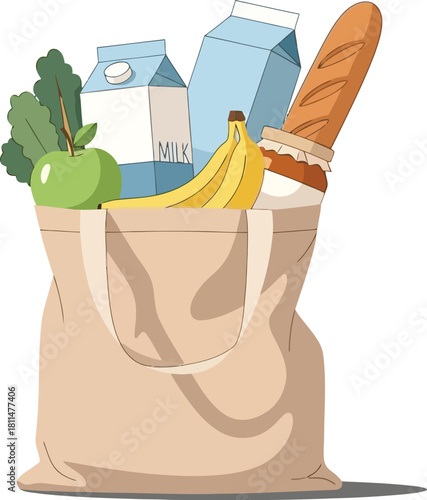 Canvas tote bag filled with fresh groceries, including fruit, bread, and milk, for healthy eating and shopping.