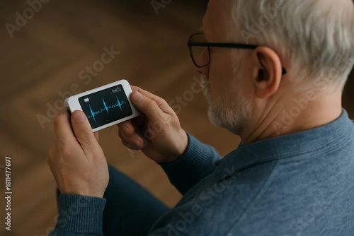Senior man checking heart rhythm on portable ECG monitor at home, viewing pulse waveform on small screen, health tracking and telemedicine concept.