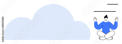 Person sitting cross-legged in meditation near abstract cloud shape. Ideal for mindfulness, mental health, relaxation, self-care, tranquility, spirituality, and wellness themes. A simple flat