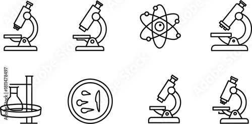Collection of scientific icons featuring microscopes, atom symbol, and lab equipment
