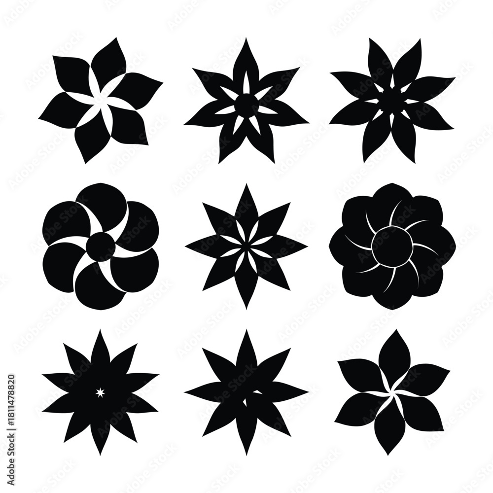 Obraz premium Collection of nine stylized black floral and starburst graphic elements