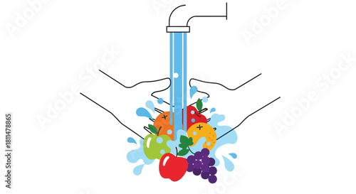 Hands gently washing fresh, colorful fruits and vegetables under a stream of clean water.