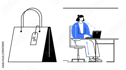 Online shopping. A shopping bag with a discount tag and a woman browsing online on a laptop illustrate online shopping convenience. Essential for eCommerce, retail, sales, marketing, and promotions