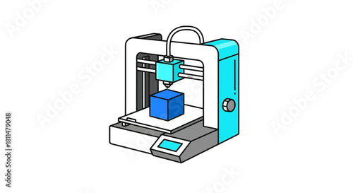 Modern 3D printer creating a blue cube with precision and innovation.