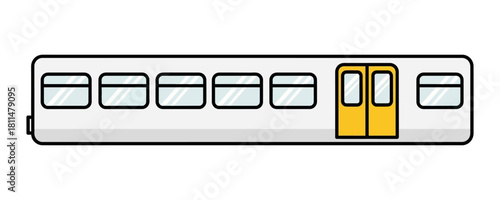 A side view illustration of a white passenger train carriage with yellow doors, isolated on a white background.
