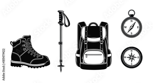 Essential outdoor adventure gear including hiking boots, trekking pole, backpack, and compasses.