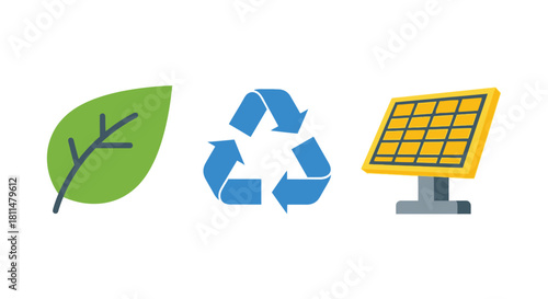 Sustainable energy symbols: leaf, recycle, and solar panel for eco-friendly concepts.
