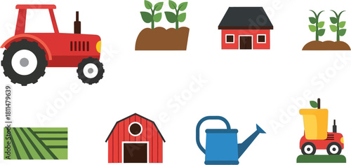 Charming farm elements including a tractor, barn, crops, and tools for agriculture.