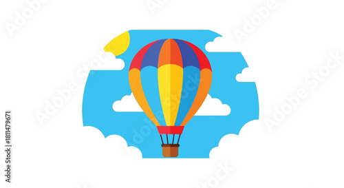Vibrant hot air balloon soaring gracefully through a bright blue sky with fluffy clouds.
