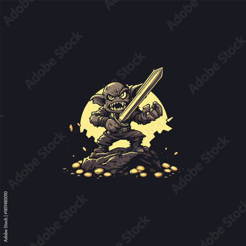 vector illustration of a goblin standing triumphantly on a pile of treasure coins and rocks, aggressively holding a large sword