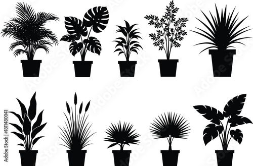 Silhouette potted plants vector set, indoor foliage icons, decorative houseplants clipart, botanical black shapes, minimalist plant design, home decor elements