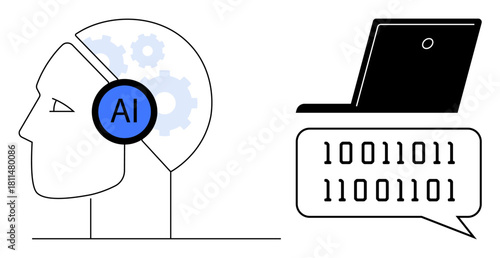 Human profile with AI label and gears inside, connected to a laptop emitting binary code. Ideal for AI innovation, machine learning, technology, coding, communication, neural networks, simple flat