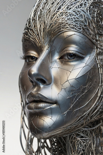 An elegant digital illustration depicting a graceful figure sculpted from polished steel.