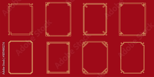 Korean traditional frames, line borders set with knot corners ornament. Chinese Asian new year frame outline retro.