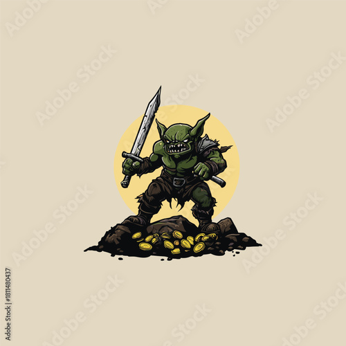 vector illustration of a goblin standing triumphantly on a pile of treasure coins and rocks, aggressively holding a large sword